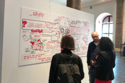 Gäste im Austausch vor der interaktiven Illustrationswand von Deer Berlin bei der 200-Jahre-Feier der Berliner Sparkasse 2018.