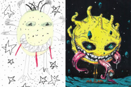 Kinderzeichnung und fertige Monster-Interpretation – Urban Nation Monster Project (Mohammad & Deih XLF).