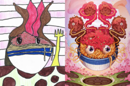 Kinderzeichnung und finale Monster-Illustration – Urban Nation Monster Project (Nina & Nathaniel Rueda).