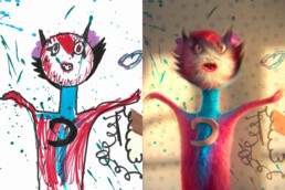 Kinderzeichnung und künstlerische Monster-Umsetzung – Urban Nation Monster Project (Sara & Gediminas Pranckevicius).