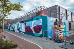 Gesamtansicht der 40 m Wandgestaltung für ANH Hausbesitz, Hebebühne im Einsatz während der Umsetzung.