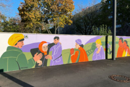 Ausschnitt des Murals von Vikunia mit stilisierten Figuren und Begegnungsszenen entlang der Außenwand.